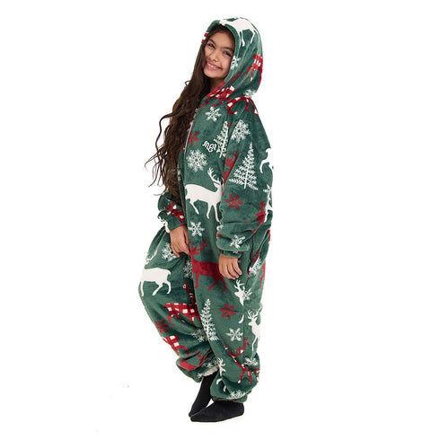 Snuggs Kids Blanket Onesie Green Christmas Deer